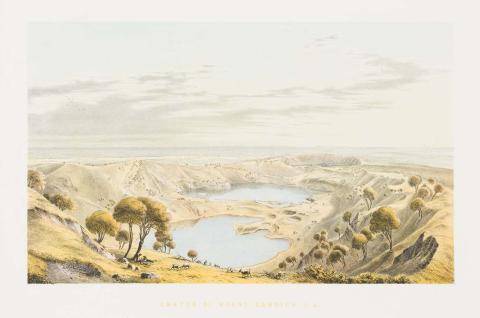 Artwork The crater of Mount Gambier, South Australia (plate XI from 'Australian landscapes' portfolio) this artwork made of Colour lithograph on smooth wove paper, created in 1866-01-01