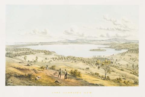 Artwork Lake Illawarra, New South Wales (plate XI from 'Australian landscapes' portfolio) this artwork made of Colour lithograph on smooth wove paper, created in 1866-01-01