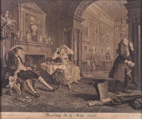 Artwork Marriage a la Mode, plate II. The breakfast scene this artwork made of Line and stipple engraving, etching on buff wove paper, created in 1745-01-01