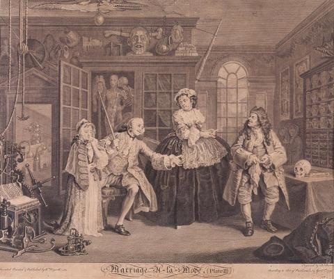 Artwork Marriage a la Mode, plate III. The scene with the quack this artwork made of Line and stipple engraving, etching on buff wove paper, created in 1745-01-01