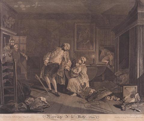 Artwork Marriage a la Mode, plate V. The death of the earl this artwork made of Line and stipple engraving, etching on buff wove paper, created in 1745-01-01