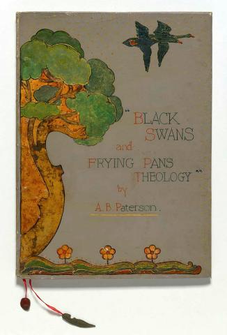 Artwork 'Black swans' and 'Frying pan theology' by A.B. Paterson, Brisbane this artwork made of 8 leaves of illuminated manuscript, leather binding with painted and gold-tooled decoration, created in 1941-01-01