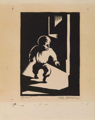 Artwork Gnomus (Gnome) (no. 1 from 'Interpretations of music by Moussorgsky' series) this artwork made of Linocut on thin cream wove paper, created in 1941-01-01