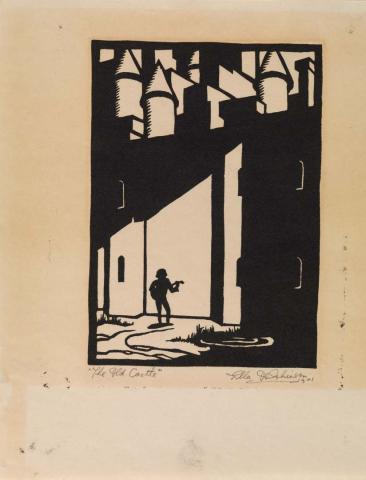 Artwork The old castle (no. 2 from 'Interpretations of music by Moussorgsky' series) this artwork made of Linocut on thin cream wove paper, created in 1941-01-01