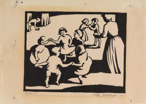 Artwork Tuileries.  Children quarreling at play (no. 3 from 'Interpretations of music by Moussorgsky' series) this artwork made of Linocut on thin cream wove paper, created in 1941-01-01