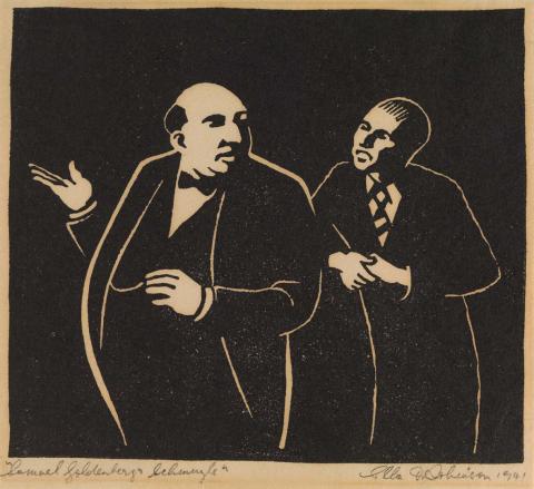 Artwork Samuel Goldenberg and Schmuyle (no. 6 from 'Interpretations of music by Moussorgsky' series) this artwork made of Linocut on thin cream wove paper, created in 1941-01-01