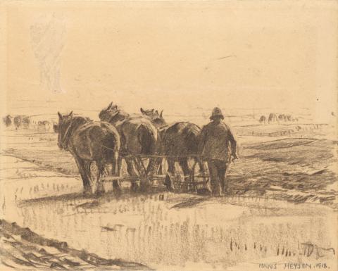 Artwork Ploughing, frosty morning this artwork made of Charcoal, traces of white chalk on cream wove paper, created in 1918-01-01