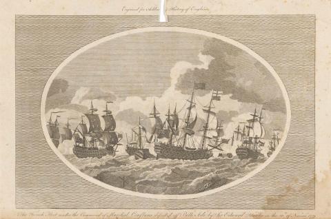 Artwork The French Fleet under the Command of Marshall Conflans defeated off Belle Isle by Sir Edward Hawke on 20th November, 1759 (from 'Ashburton's History of England' series) this artwork made of Steel engraving