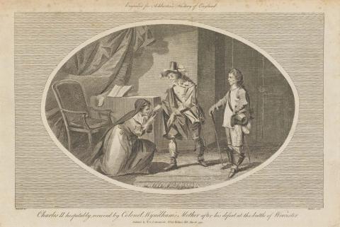 Artwork Charles II hospitably received by Colonel Wyndham's mother after his defeat at the Battle of Worcestor (from 'Ashburton's History of England' series) this artwork made of Steel engraving on paper, created in 1792-01-01