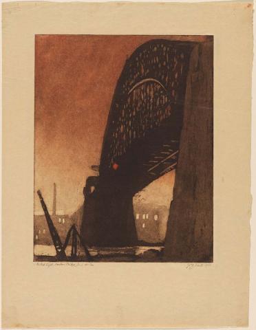 Artwork The Red Light, Harbour Bridge, June 1931 this artwork made of Aquatint, hand-coloured