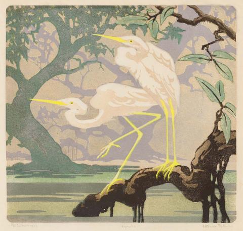 Artwork Egrets this artwork made of Colour linocut on thin light-brown Oriental paper, created in 1937-01-01