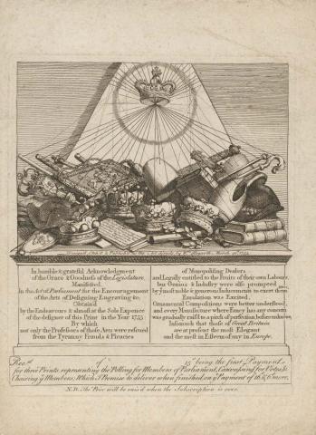 Artwork Crowns, Mitres, Maces, etc. this artwork made of Steel engraving on paper, created in 1754-01-01