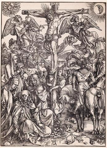 Artwork The Crucifixion (from 'The Large Passion' series) this artwork made of Woodcut on laid paper, created in 1497-01-01