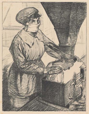 Artwork On munitions:  dangerous work (packing T.N.T.) (from the set 'Women's work', in 'The efforts', the first part of 'The Great War:  Britain's efforts and ideals shown in a series of lithographic prints' series) this artwork made of Lithograph on cream handmade wove paper, created in 1917-01-01