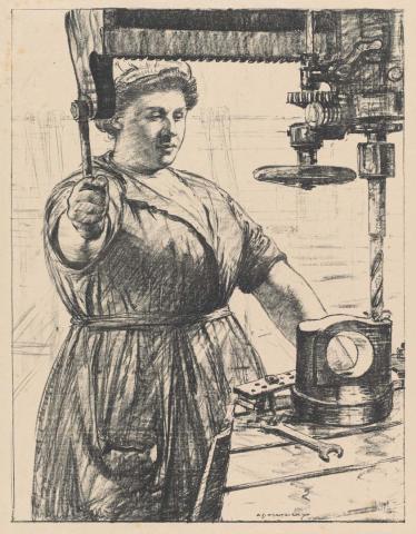 Artwork On munitions:  heavy work (drilling a casting) (from the set 'Women's work', in 'The efforts', the first part of 'The Great War:  Britain's efforts and ideals shown in a series of lithographic prints' series) this artwork made of Lithograph on cream handmade wove paper, created in 1917-01-01