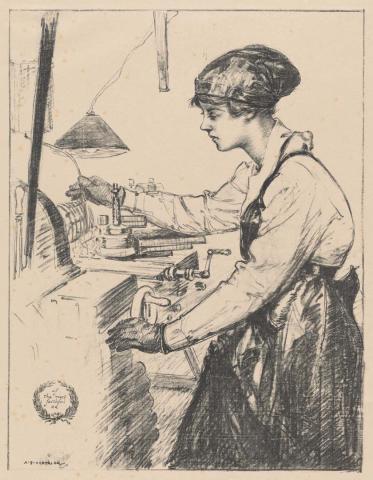 Artwork On munitions:  skilled work (from the set 'Women's work', in 'The efforts', the first part of 'The Great War:  Britain's efforts and ideals shown in a series of lithographic prints' series) this artwork made of Lithograph on cream handmade wove paper, created in 1917-01-01