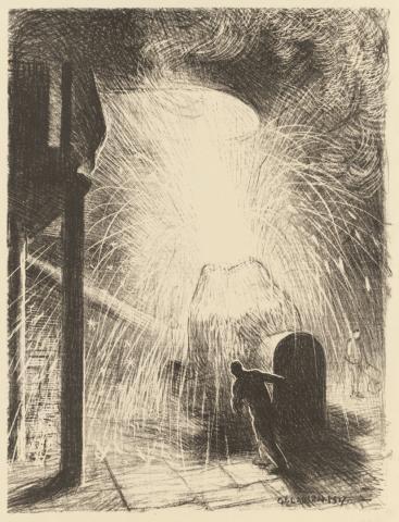Artwork The furnace (from the set 'Making guns', in 'The efforts', the first part of 'The Great War:  Britain's efforts and ideals shown in a series of lithographic prints' series) this artwork made of Lithograph