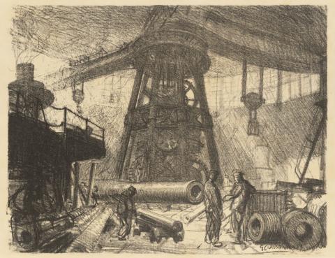 Artwork The radial crane (from the set 'Making guns', in 'The efforts', the first part of 'The Great War:  Britain's efforts and ideals shown in a series of lithographic prints' series) this artwork made of Lithograph