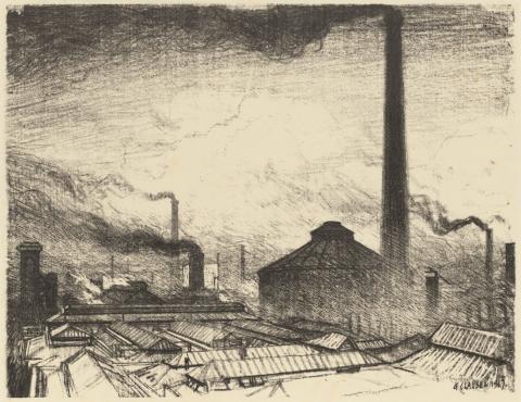 Artwork Roof tops, munitions plant (from the set 'Making guns', in 'The efforts', the first part of 'The Great War:  Britain's efforts and ideals shown in a series of lithographic prints' series) this artwork made of Lithograph