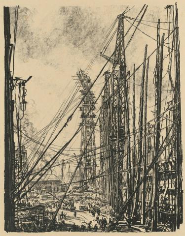 Artwork A ship-yard (from the set 'Building ships', in 'The efforts', the first part of 'The Great War:  Britain's efforts and ideals shown in a series of lithographic prints' series) this artwork made of Lithograph on cream wove paper, created in 1917-01-01