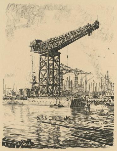 Artwork A fitting out basin (from the set 'Building ships', in 'The efforts', the first part of 'The Great War:  Britain's efforts and ideals shown in a series of lithographic prints' series) this artwork made of Lithograph on cream wove paper, created in 1917-01-01