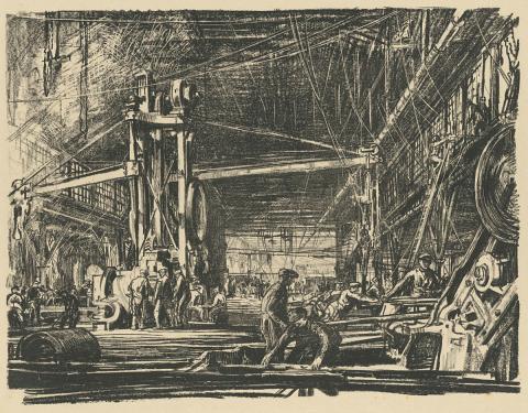 Artwork A workshop (from the set 'Building ships', in 'The efforts', the first part of 'The Great War:  Britain's efforts and ideals shown in a series of lithographic prints' series) this artwork made of Lithograph on cream wove paper, created in 1917-01-01