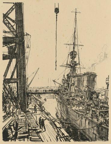 Artwork Ready for sea (from the set 'Building ships', in 'The efforts', the first part of 'The Great War:  Britain's efforts and ideals shown in a series of lithographic prints' series) this artwork made of Lithograph on cream wove paper, created in 1917-01-01