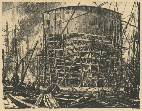 Artwork On the stocks (from the set 'Building ships', in 'The efforts', the first part of 'The Great War:  Britain's efforts and ideals shown in a series of lithographic prints' series) this artwork made of Lithograph on cream wove paper, created in 1917-01-01