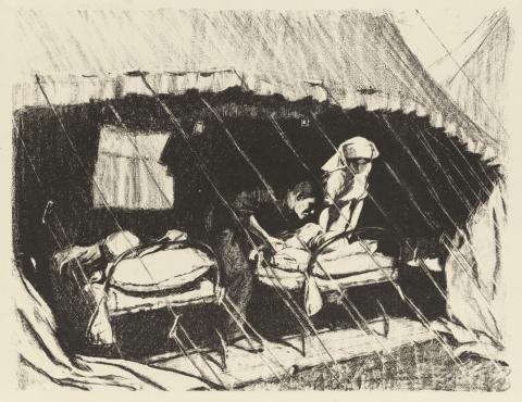 Artwork Casualty clearing station in France (from the set 'Tending the wounded', in 'The efforts', the first part of 'The Great War:  Britain's efforts and ideals shown in a series of lithographic prints' series) this artwork made of Lithograph on off-white wove paper, created in 1917-01-01