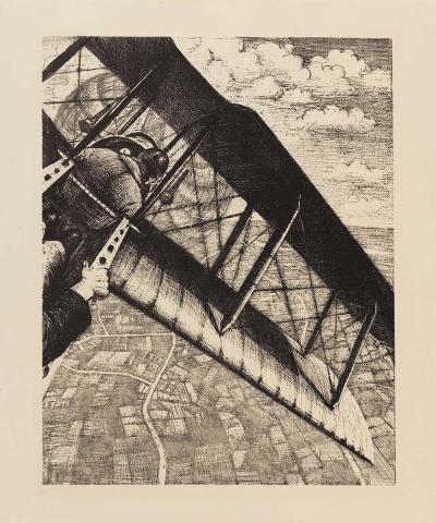 Artwork Banking at 4000 feet (from the set 'Building aircraft', in 'The efforts', the first part of 'The Great War:  Britain's efforts and ideals shown in a series of lithographic prints' series) this artwork made of Lithograph on paper, created in 1917-01-01