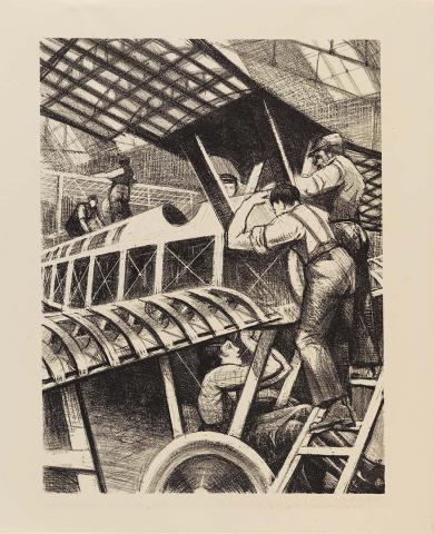 Artwork Assembling parts (from the set 'Building aircraft', in 'The efforts', the first part of 'The Great War:  Britain's efforts and ideals shown in a series of lithographic prints' series) this artwork made of Lithograph on cream wove paper, created in 1917-01-01