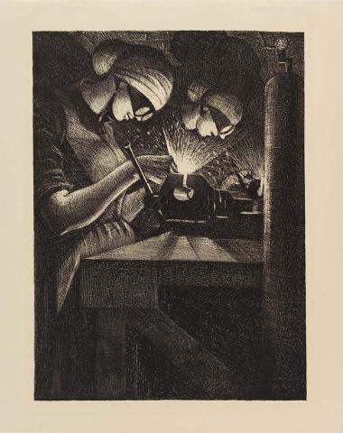 Artwork Acetylene welder (from the set 'Building aircraft', in 'The efforts', the first part of 'The Great War:  Britain's efforts and ideals shown in a series of lithographic prints' series) this artwork made of Lithograph on cream wove paper, created in 1917-01-01