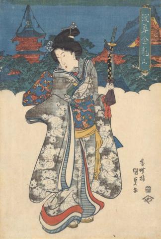 Artwork Konryuzan Temple at Asakusa, Edo (right-hand panel of triptych) this artwork made of Colour woodblock print