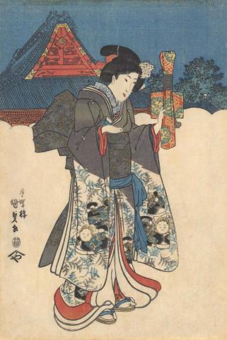 Artwork Konryuzan Temple at Asakusa, Edo (left-hand panel of triptych) this artwork made of Colour woodblock print
