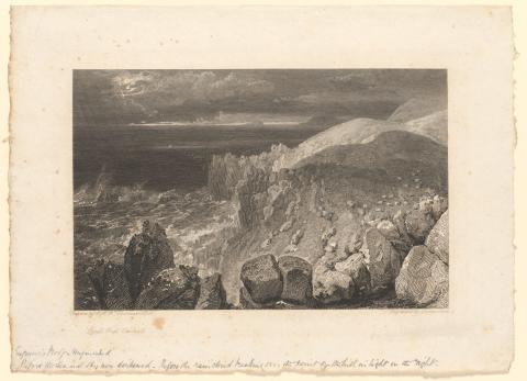 Artwork Land's End, Cornwall (from 'Picturesque views of the Southern Coast of England') this artwork made of Etching and engraving on off-white wove handmade paper, created in 1814-01-01