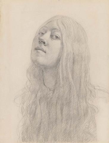 Artwork Portrait of a girl with long hair this artwork made of Pencil on paper, created in 1915-01-01