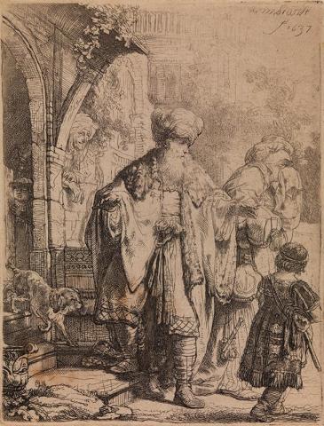 Artwork Abraham casting out Hagar and Ishmael this artwork made of Etching on off-white laid paper, created in 1637-01-01