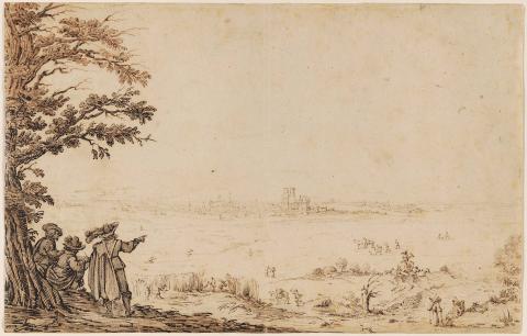 Artwork Landscape with distant view of a city and figures sketching in the foreground this artwork made of Pen and dark brown ink on cream laid paper, created in 1700-01-01