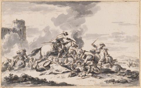 Artwork A cavalry charge this artwork made of Pen and brown ink and grey washes over pencil on cream laid paper