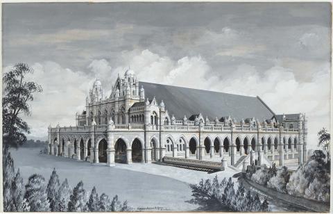 Artwork (Architect's drawing of Exhibition Building, Gregory Terrace) this artwork made of Pen, ink and gouache