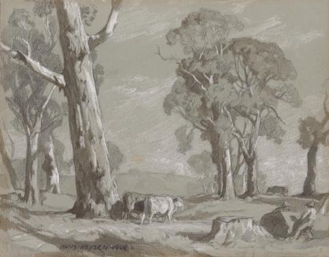 Artwork Composition study for 'Late summer afternoon' this artwork made of Charcoal, chalk and watercolour over pencil