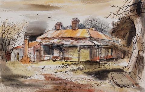 Artwork Deserted farmhouse, Flinders, Victoria this artwork made of Pen, brush and ink watercolour