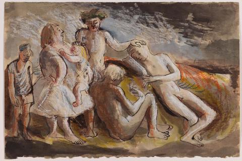 Artwork Untitled (Study for 'Hill End Bacchanal') this artwork made of Pen and ink; ink wash and coloured wax crayon over pencil on wove paper, created in 1948-01-01