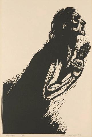 Artwork Hunger (from 'Linocuts Counihan '59' portfolio) this artwork made of Linocut on wove paper, created in 1959-01-01