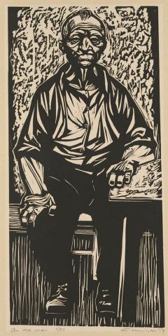 Artwork An old man (from 'Linocuts Counihan '59' portfolio) this artwork made of Linocut on wove paper, created in 1959-01-01