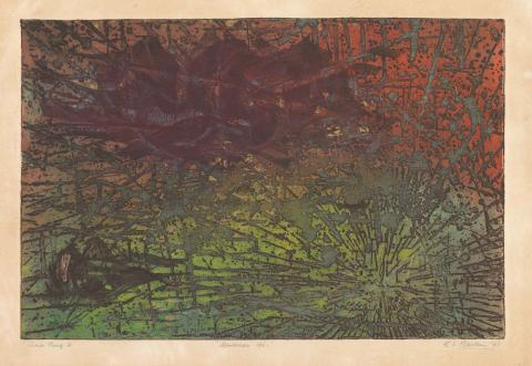 Artwork Landscape 1961 this artwork made of Colour etching, open bite, soft-ground etching, printed intaglio and relief simultaneously on wove paper, created in 1961-01-01