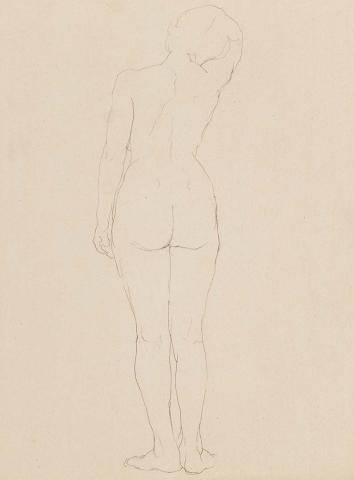 Artwork Untitled (back view of female nude, standing with hand on head) this artwork made of Pencil
