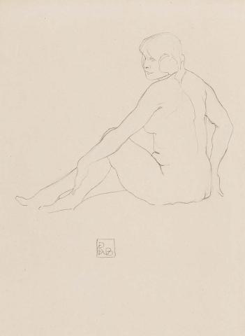 Artwork Untitled (female nude, seated with hand on sinister calf) this artwork made of Pencil on cream wove paper, created in 1915-01-01