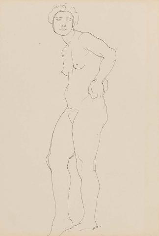 Artwork Untitled (female nude, standing with hand on sinister hip) this artwork made of Pen and ink on cream wove paper, created in 1915-01-01