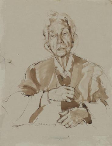 Artwork Portrait of Dame Mary Gilmore this artwork made of Pen and brush and brown ink on grey wove paper, created in 1960-01-01